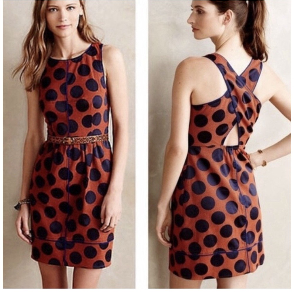 Anthropologie Maeve Rokin Textured CrossBack Polka Dot Dress‎ Sz 10 Orange Navy